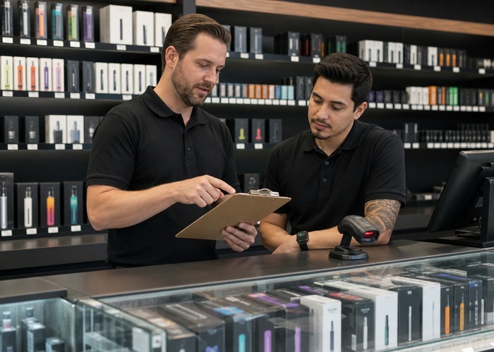 Disposable Vape Inventory Aging Report for Wholesale Buyers storage and inventory review scene