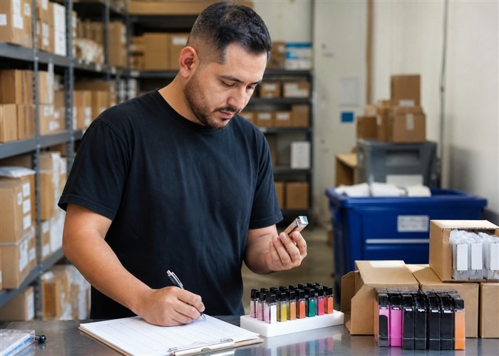 Disposable Vape Sample-Unit Inventory Control Checklist storage and inventory review scene